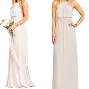 Show Me Your Mumu Amanda Empire Waist Halter Dress with Open Back in Nude Beige